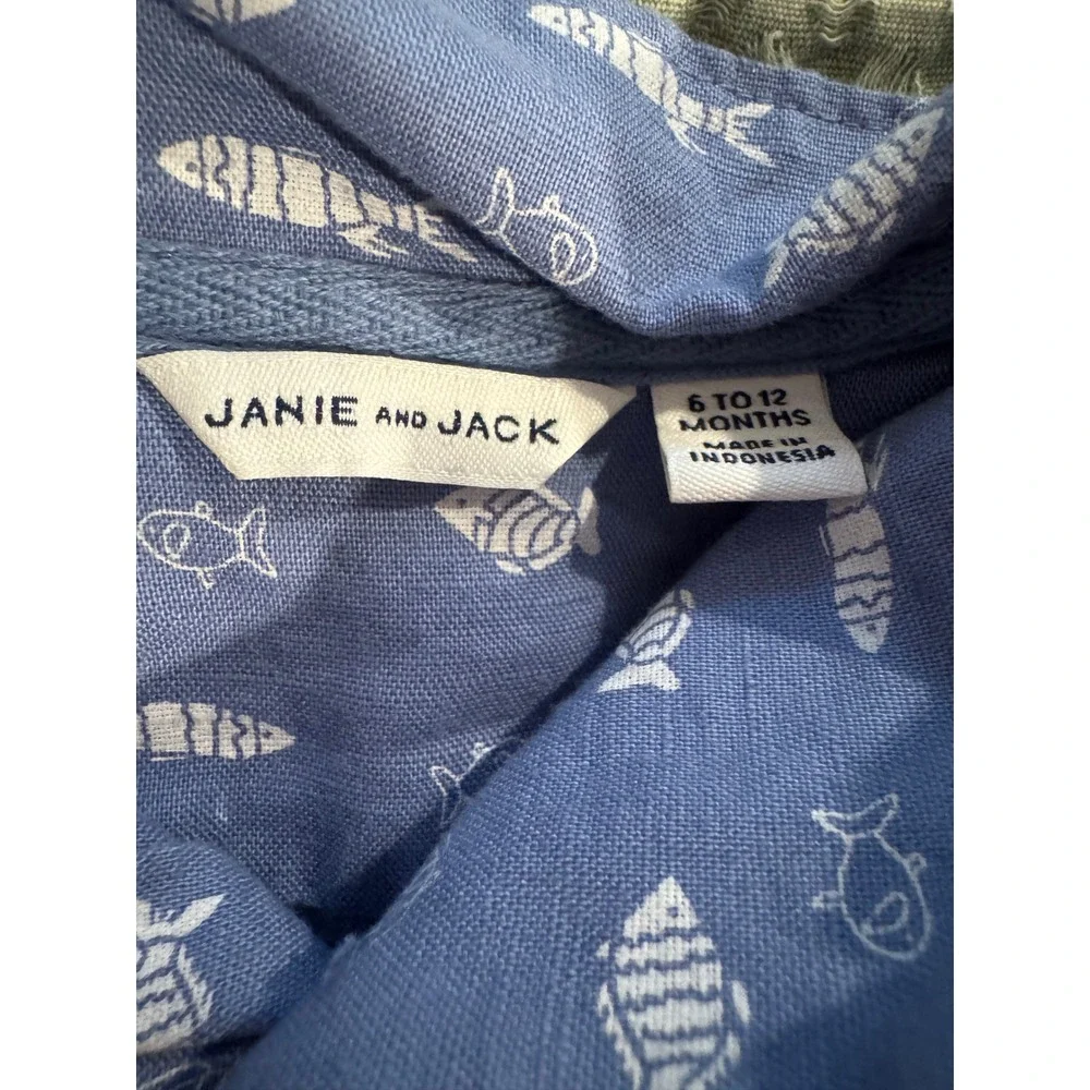 Janie and Jack Blue Fish Print Linen Cotton Blend Romper 6-12M Short Sleeve
